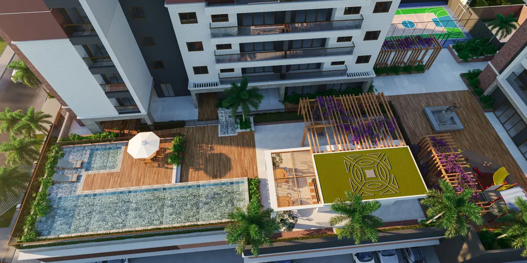 Vista aérea da área de lazer do Piazza, com piscina, deck, pergolados e o jardim com o desenho do emblema