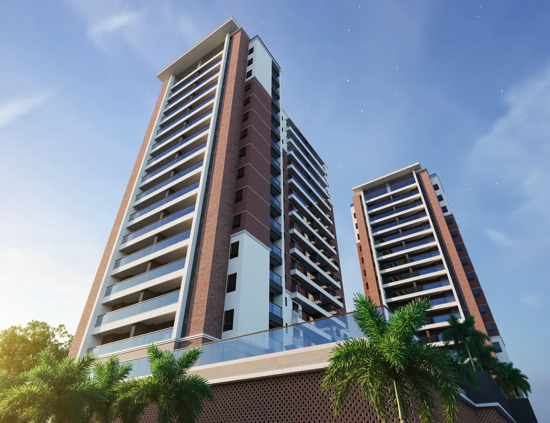 Torres do Residencial Piazza vistas de baixo, ao entardecer